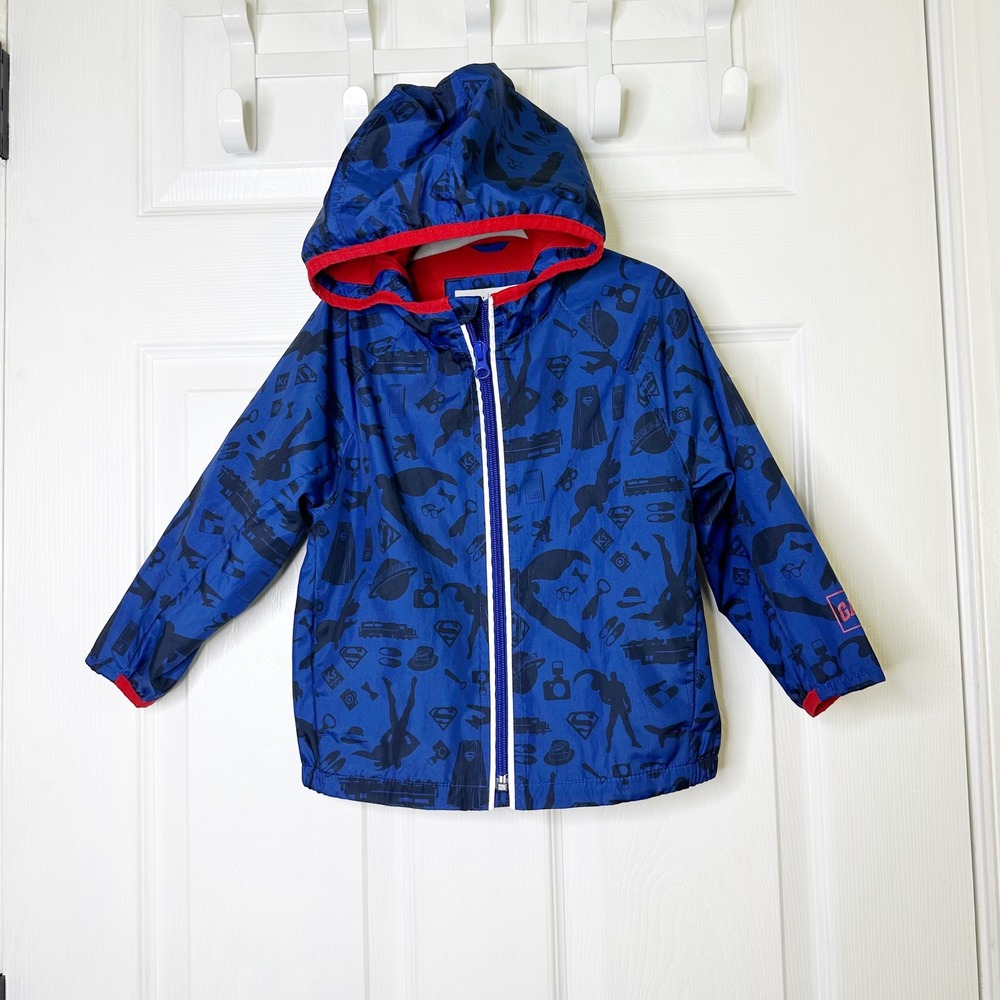 Baby Gap‎ Superman DC Comics Windbreaker Toddler 2T Blue Hooded Rain Jacket